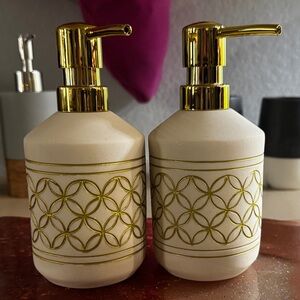 White Ceramic Soap/Lotion Dispenser | Gold Pump | Modern Bathroom Decor